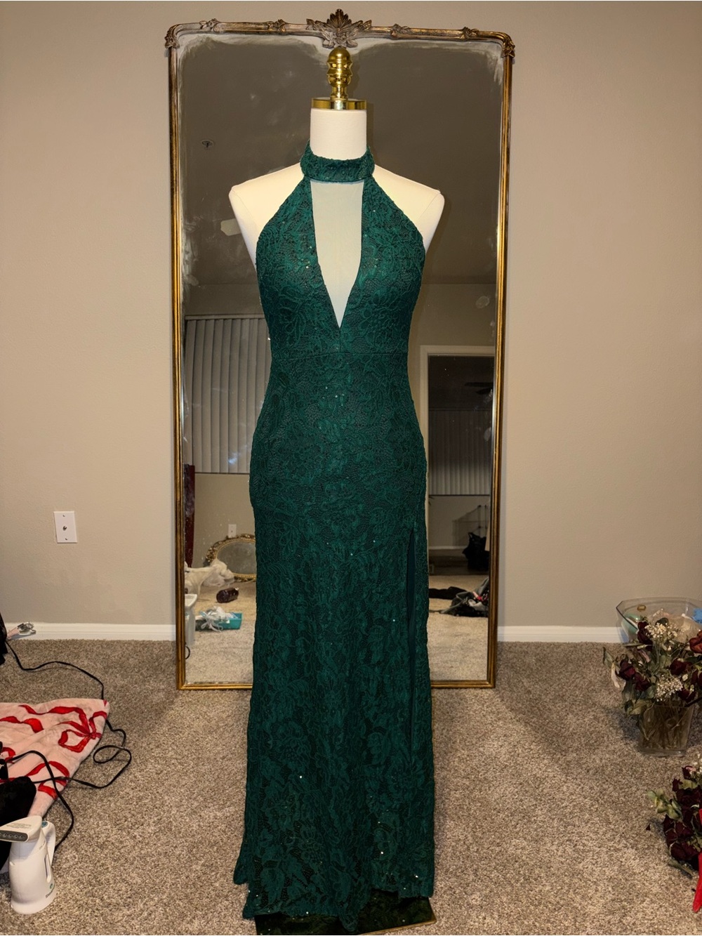 Sequin Hearts Emerald Green Halter Lace Prom Gown